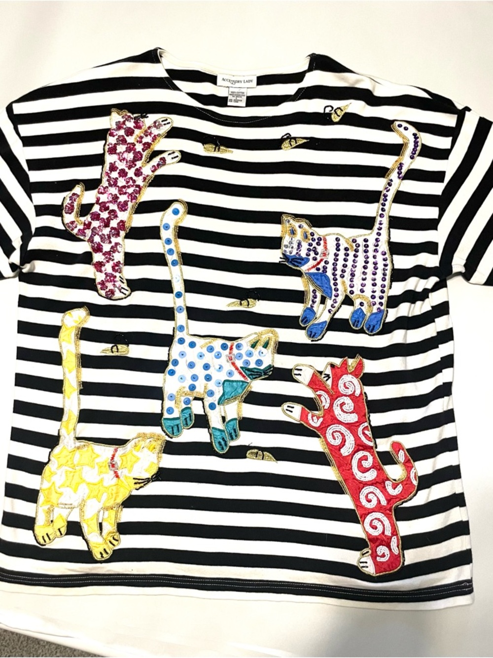 Accessory Lady Beaded Cat Top Striped Oversized Shirt Whimsical Sequin Cats L